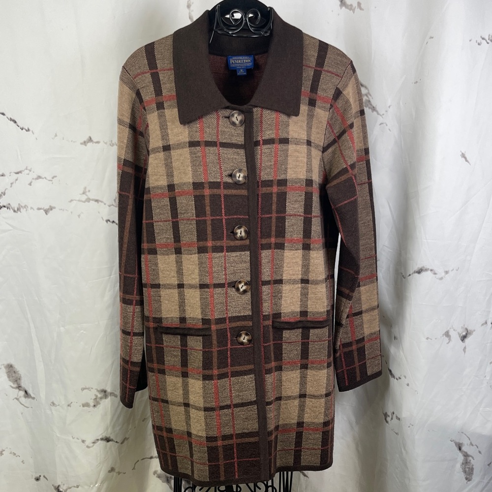 Pendleton Wool Plaid Longline Cardigan Shirt Collar Full Front Button-Up Sweater